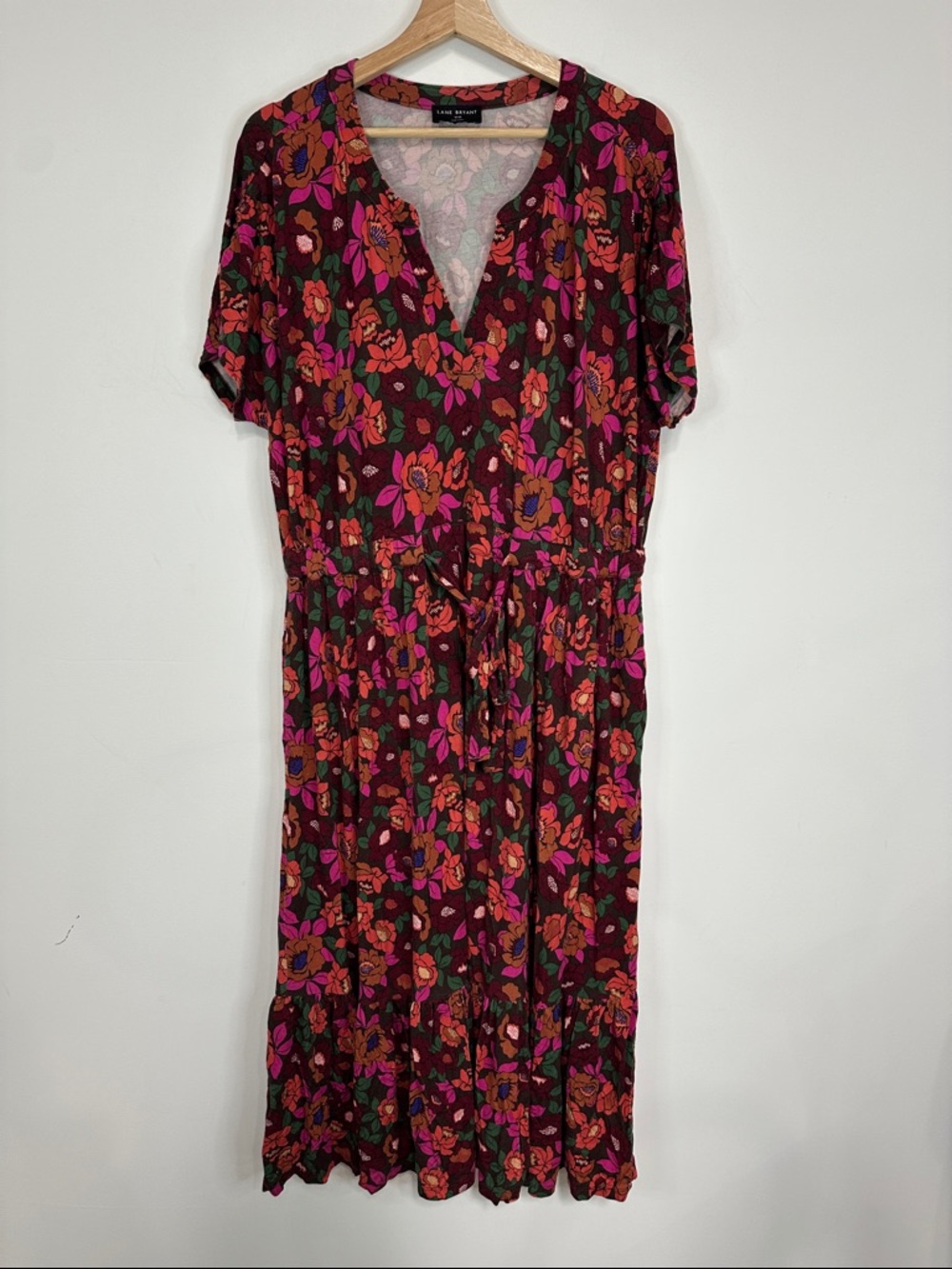 Lane Bryant Burgundy Floral Midi Dress with Pink & Orange Flowers